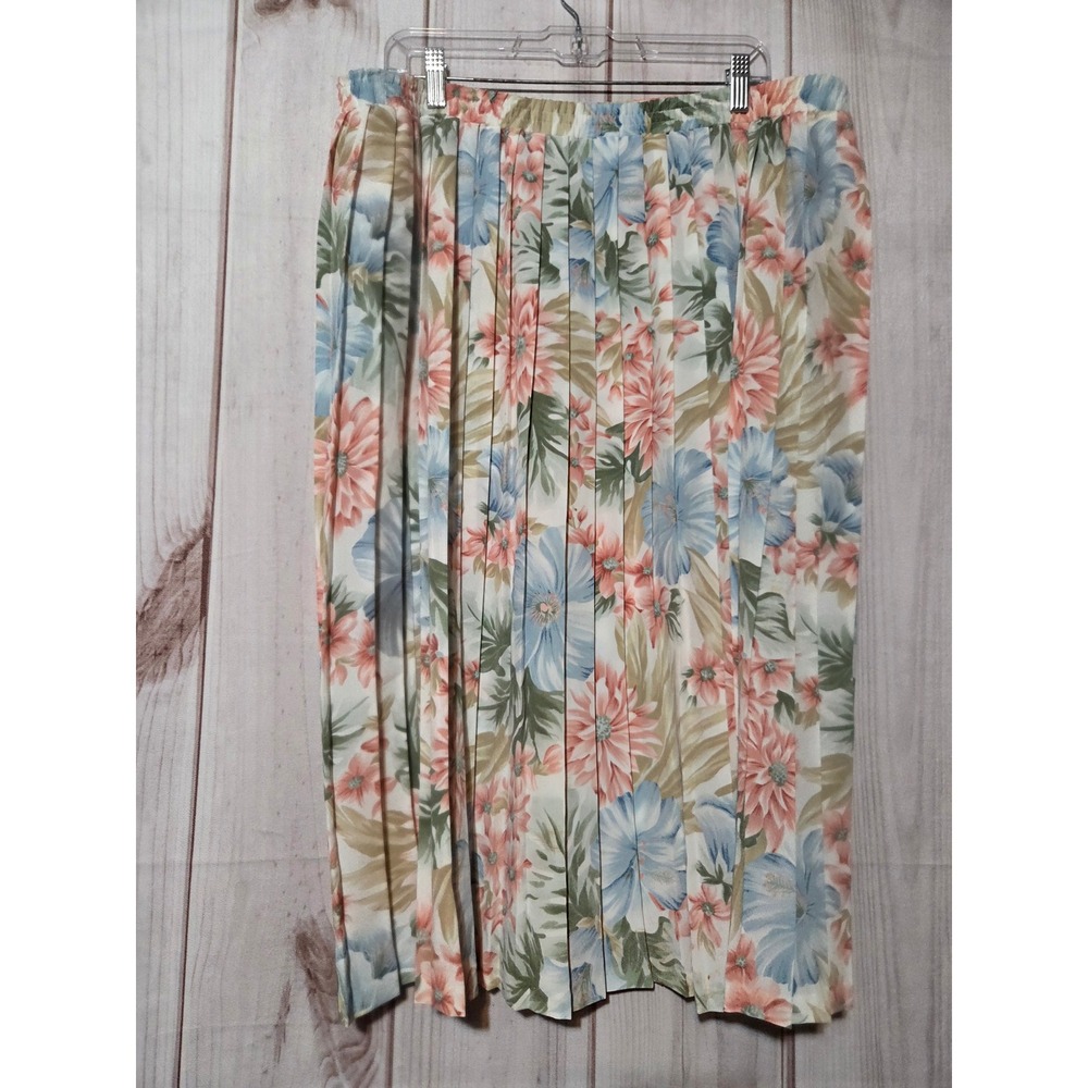 Alfred Dunner Floral Pleated Midi Skirt Womens 18 Elastic Waist Tropical Peach